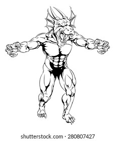 An aggressive tough mean red dragon sports mascot character with claws out
