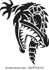 Aggressive tribal crocodile head vector illustration with sharp teeth and open jaw, black silhouette artwork isolated on white background.