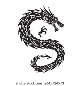 Aggressive tribal dragon emblem, tattoo flash sheet design with bold symmetrical shapes, sharp spikes, and a curled tail, isolated for vector stock use