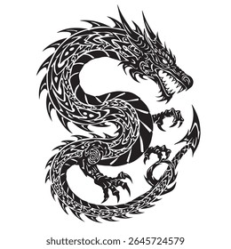 Aggressive tribal dragon emblem, tattoo flash sheet design with bold symmetrical shapes, sharp spikes, and a curled tail, isolated for vector stock use