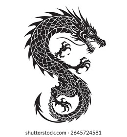 Aggressive tribal dragon emblem, tattoo flash sheet design with bold symmetrical shapes, sharp spikes, and a curled tail, isolated for vector stock use