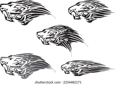 Aggressive tribal tiger heads isolated on white for tattoos or labels. Flaming predator heads for textiles, fashion, covers, fabrics, sport emblems, logos, engravings, graphic on the vehicles, etc.
