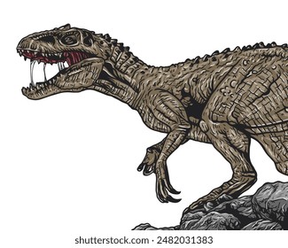 Aggressive tyrannosaurus rex standing on rocks and showing teeth in vintage style