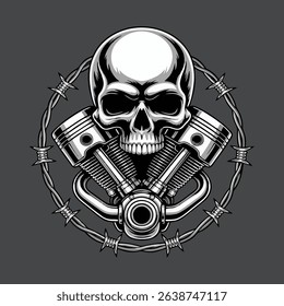 Aggressive vector illustration of a skull head fused
with a motorcycle engine, barbed wire frame, black and chrome colors