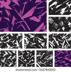 Aggressive vector set of abstract textures. Sharp, shattered shards in pink, purple, and monochrome create dynamic, edgy backgrounds for music events and modern designs.
