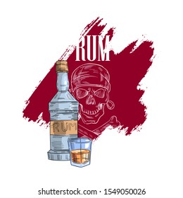 Aggressive vector stock illustration with red background, skull and rum bottle with glass. Isolated on white. Brutal logo for real pirates.