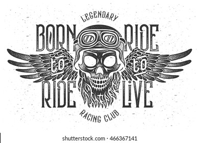 Aggressive vintage t-shirt print with beard skull wearing a biker helmet with spread wings. Text lettering composition 