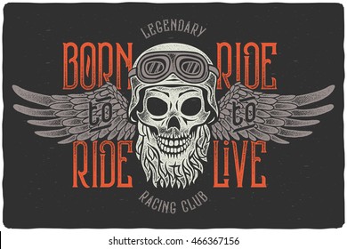 Aggressive vintage t-shirt print with beard skull wearing a biker helmet with spread wings. Text lettering composition 