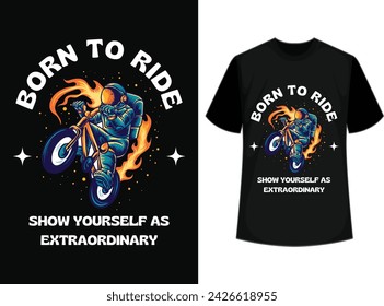 Aggressive vintage t-shirt print with human wearing a biker helmet with full costume. Text lettering composition "Born to ride. Legendary racing club"
