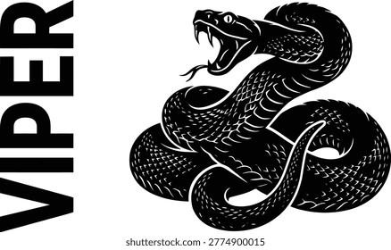 Aggressive viper snake illustration coiled and striking with fangs out a powerful and menacing design element on transparent background