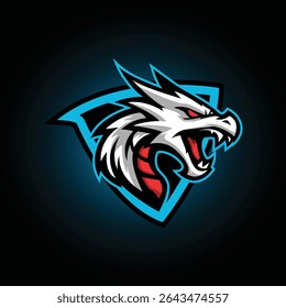 Aggressive white dragon esport logo featuring a roaring dragon head with sharp fangs, red eyes, and bold strokes. Perfect for gaming teams, streaming channels, and esport branding.