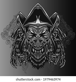Aggressive wild demon beast head in monochromatic style vector illustration