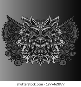 Aggressive wild demon beast head in monochromatic style vector illustration