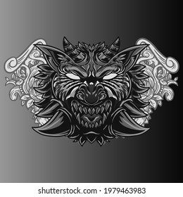 Aggressive wild demon beast head in monochromatic style vector illustration