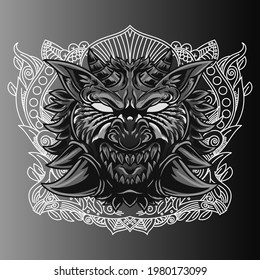 Aggressive wild demon beast head in monochromatic style vector illustration