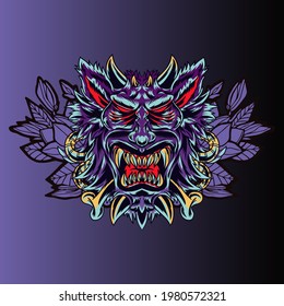 Aggressive wild demon beast head in colorful style vector illustration