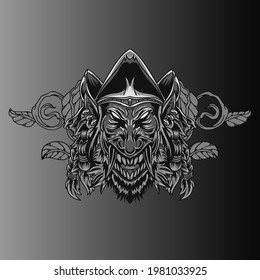 Aggressive wild demon beast head in monochromatic style vector illustration