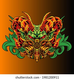 Cabeza agresiva de bestia de demonio salvaje en colorida ilustración vectorial estilo
