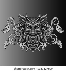 Aggressive wild demon beast head in monochromatic style vector illustration