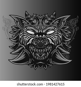 Aggressive wild demon beast head in monochromatic style vector illustration
