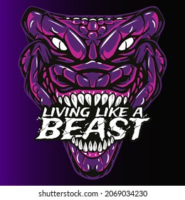 Aggressive wild demon beast head with inspirational quotes illustration. Vector illustration, graphic of a shirt, sticker, logo, mascot.