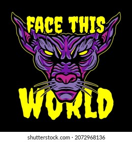 Aggressive wild demon beast head with inspirational quotes illustration. Vector illustration, graphic of a shirt, sticker, logo, mascot.