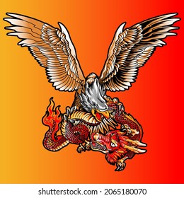 Aggressive wild eagle and dragon fighting in colorful style vector illustration