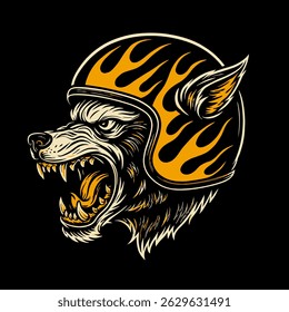 Agressiva cabeça de lobo arte em um capacete adornado com chamas contra um fundo preto sólido Ideal para desenhos e impressões nervosos.