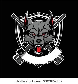 Caricatura agresiva de la cabeza de lobo con tema militar de rifles