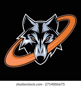 Mascota agresiva de la cabeza del lobo con el anillo cósmico naranja (fondo negro)