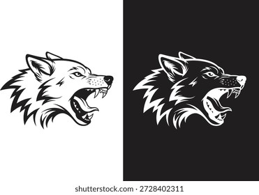 Aggressive wolf head with mouth open and teeth bared on split backgrounds. Powerful, striking design for logos and emblems.