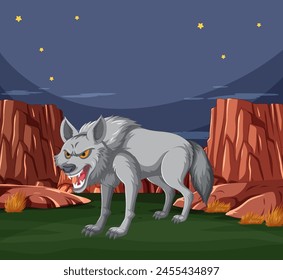 An aggressive wolf stands among rocky terrain.