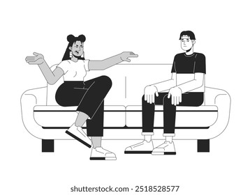 Aggressive woman criticizing guiltless man black and white 2D line characters. Conflict couple sitting couch isolated vector outline people. Annoyed mad female. Monochromatic spot illustration