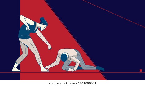 Aggressive woman and domestic violence against husband. Graphics poster, Flat, cartoon style illustrations