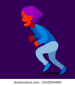 Aggressive woman psychological abuser vector illustration, scream and shout quarrel with violent clenched fists, domestic violence and abuse, alcoholism bad behavior, psychopath manipulator.