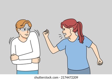 Aggressive woman scold lecture stressed man. Husband and wife fight and quarrel. Abusive female bullying male lover. Domestic violence concept. Vector illustration. 