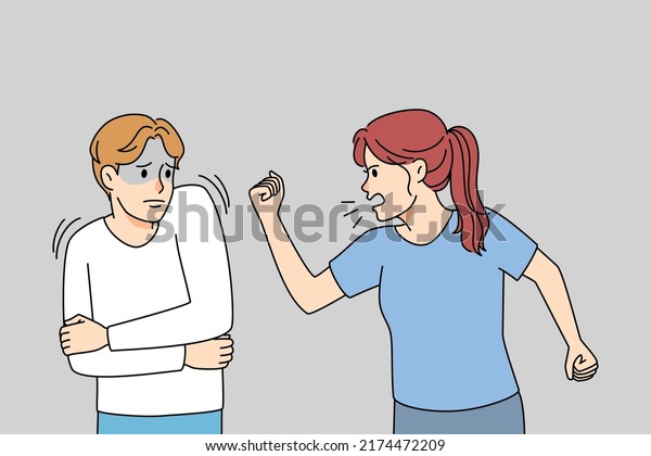Aggressive woman scold\
lecture stressed man. Husband and wife fight and quarrel. Abusive\
female bullying male lover. Domestic violence concept. Vector\
illustration. 