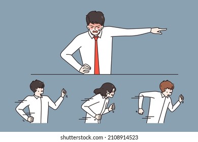 Aggressive young boss or director scold employees show power and strength at workplace. Authoritative angry businessman or employer lecture exploit workers. Domination. Vector illustration. 