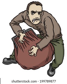 Aggressive young man protects his wallet. A series of cartoon characters.