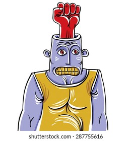 Aggressor concept, hand-drawn illustration of a weird person with red fist showing from his head. Wicked man ready to punch somebody.