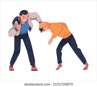 Aggressor and Victim with Violent Teenager Boy Abusing Weak Agemate Vector Illustration