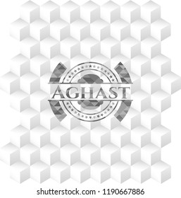 Aghast retro style grey emblem with geometric cube white background