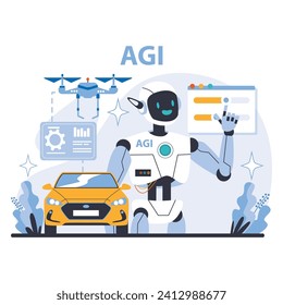Concepto AGI. Los vehículos autónomos y los aviones no tripulados avanzan bajo la orientación de la IA. Robótica interactiva que lidera la revolución tecnológica. Ilustración vectorial plana.