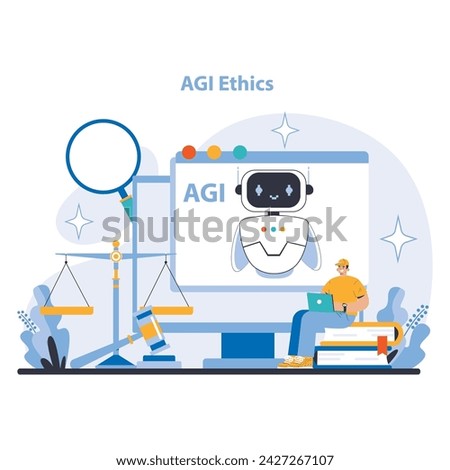 AGI concept. Balancing AI technology with ethical considerations. Focusing on responsible AI development and application. Flat vector illustration.