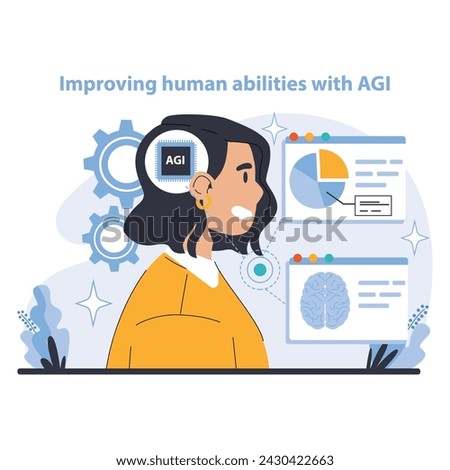AGI concept. Enhancing cognitive functions and decision-making with AI. Elevating human potential through technology. Flat vector illustration.