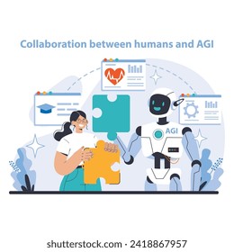 AGI concept. Human-AI collaboration solving complex problems. Synergistic teamwork between technology and creativity. Flat vector illustration.