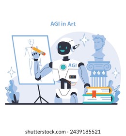 AGI concept. Merging AI with artistic creativity to innovate in art. AI redefining the boundaries of expression. Flat vector illustration.