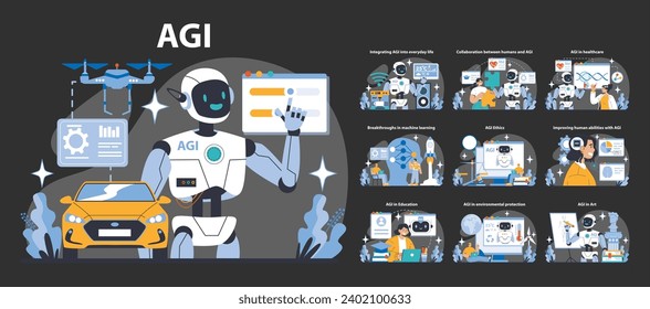 AGI night or dark mode set. Futuristic AI integration in daily life, healthcare, and education. Robotic advancements transforming human interaction and abilities. Flat vector illustration.