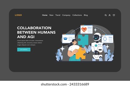 AGI night or dark mode web or landing page. Human-AI collaboration solving complex problems. Synergistic teamwork between technology and creativity. Flat vector illustration.