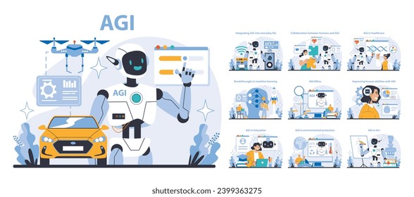 AGI set. Futuristic AI integration in daily life, healthcare, and education. Robotic advancements transforming human interaction and abilities. Flat vector illustration.